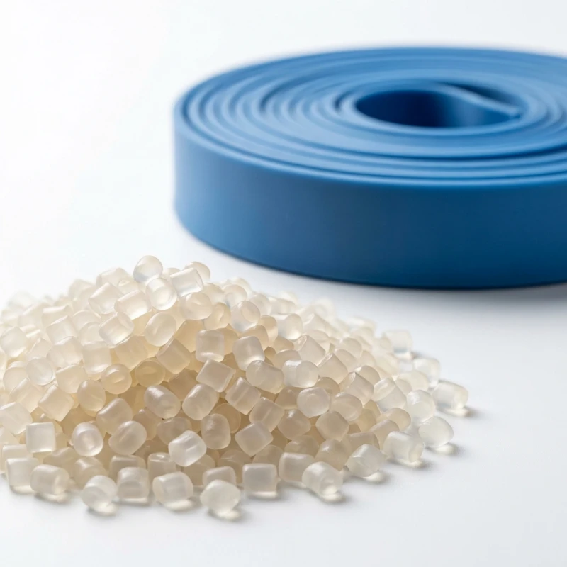 TPE pellets with finished elastic band roll used to review material fit for a TPE tourniquet extrusion line